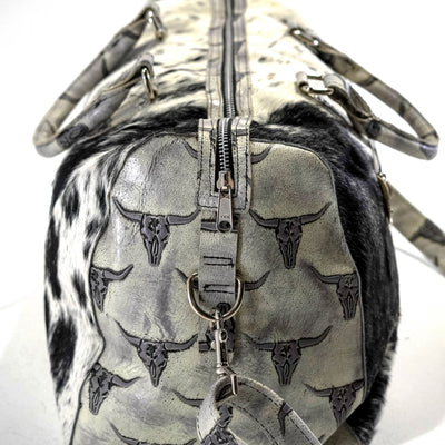 Duffel - Black & White w/ Smoke Show Skulls-Duffel-Western-Cowhide-Bags-Handmade-Products-Gifts-Dancing Cactus Designs