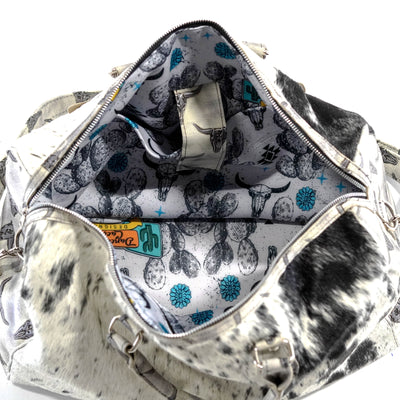 Duffel - Black & White w/ Smoke Show Skulls-Duffel-Western-Cowhide-Bags-Handmade-Products-Gifts-Dancing Cactus Designs