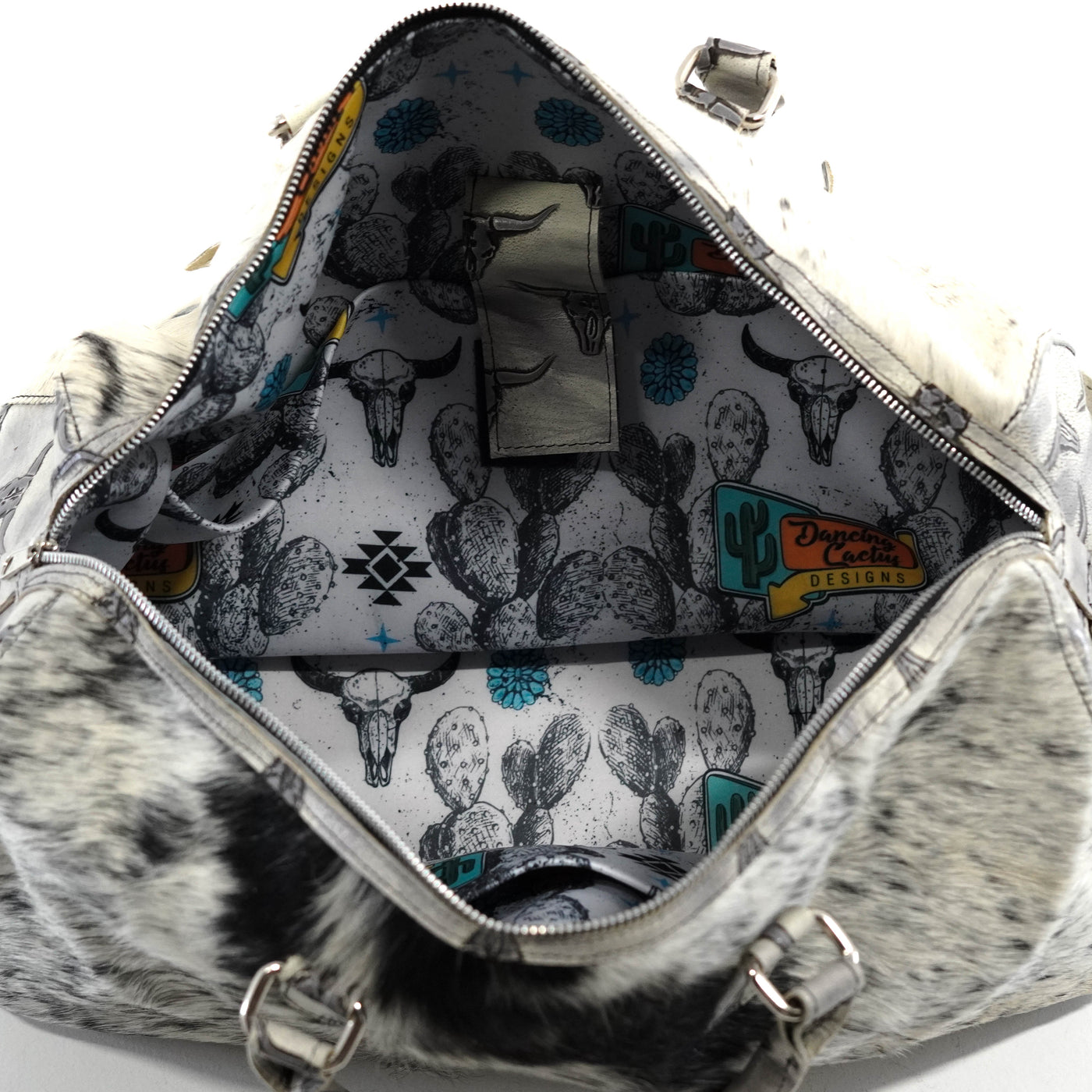 Duffel - Black & White w/ Smoke Show Skulls-Duffel-Western-Cowhide-Bags-Handmade-Products-Gifts-Dancing Cactus Designs