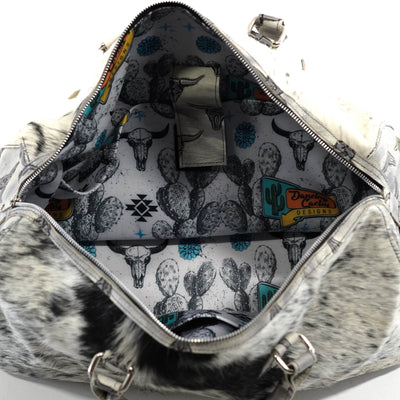 Duffel - Black & White w/ Smoke Show Skulls-Duffel-Western-Cowhide-Bags-Handmade-Products-Gifts-Dancing Cactus Designs