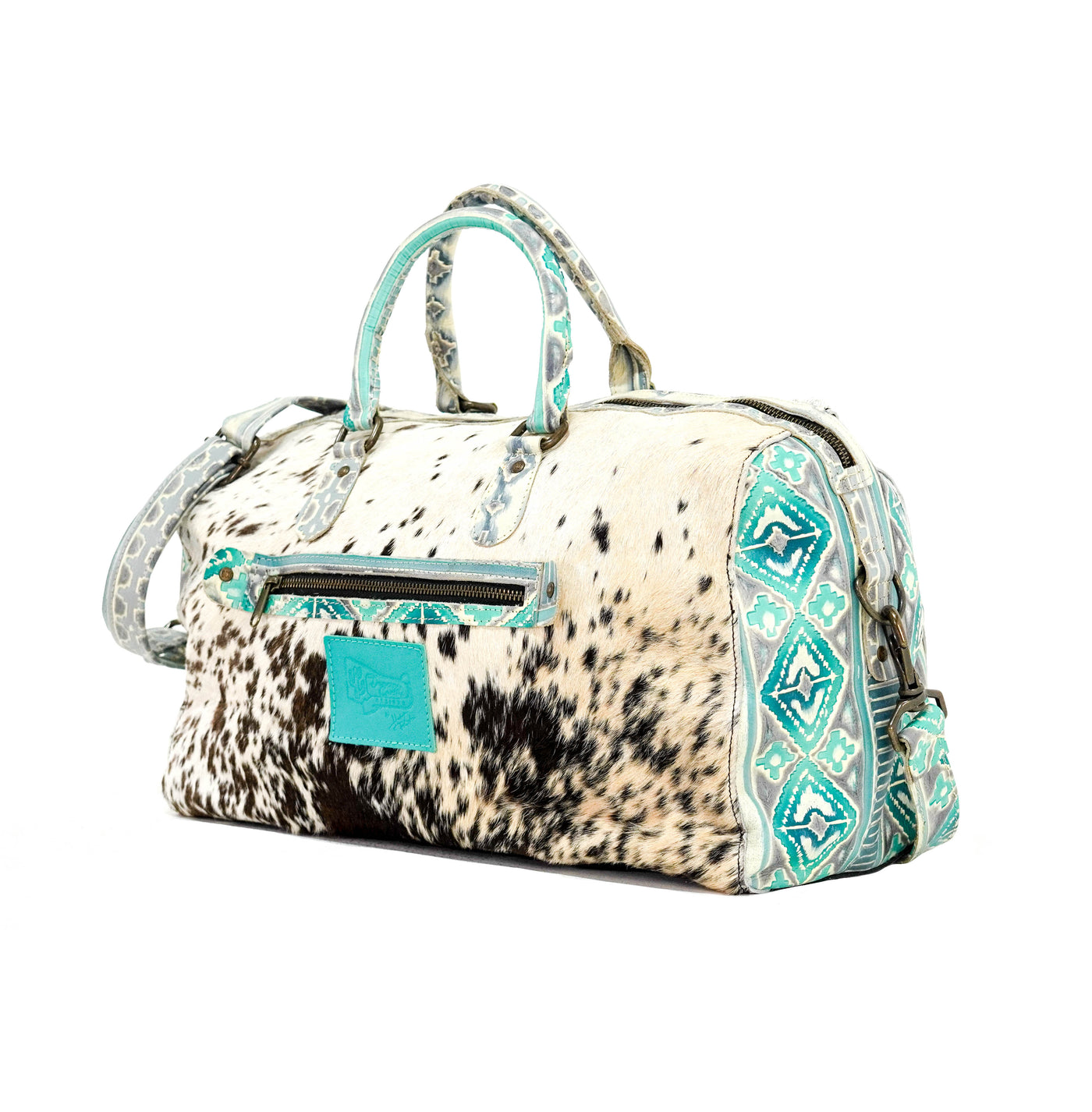 Duffel - Chocolate & White w/ Royston Navajo-Duffel-Western-Cowhide-Bags-Handmade-Products-Gifts-Dancing Cactus Designs