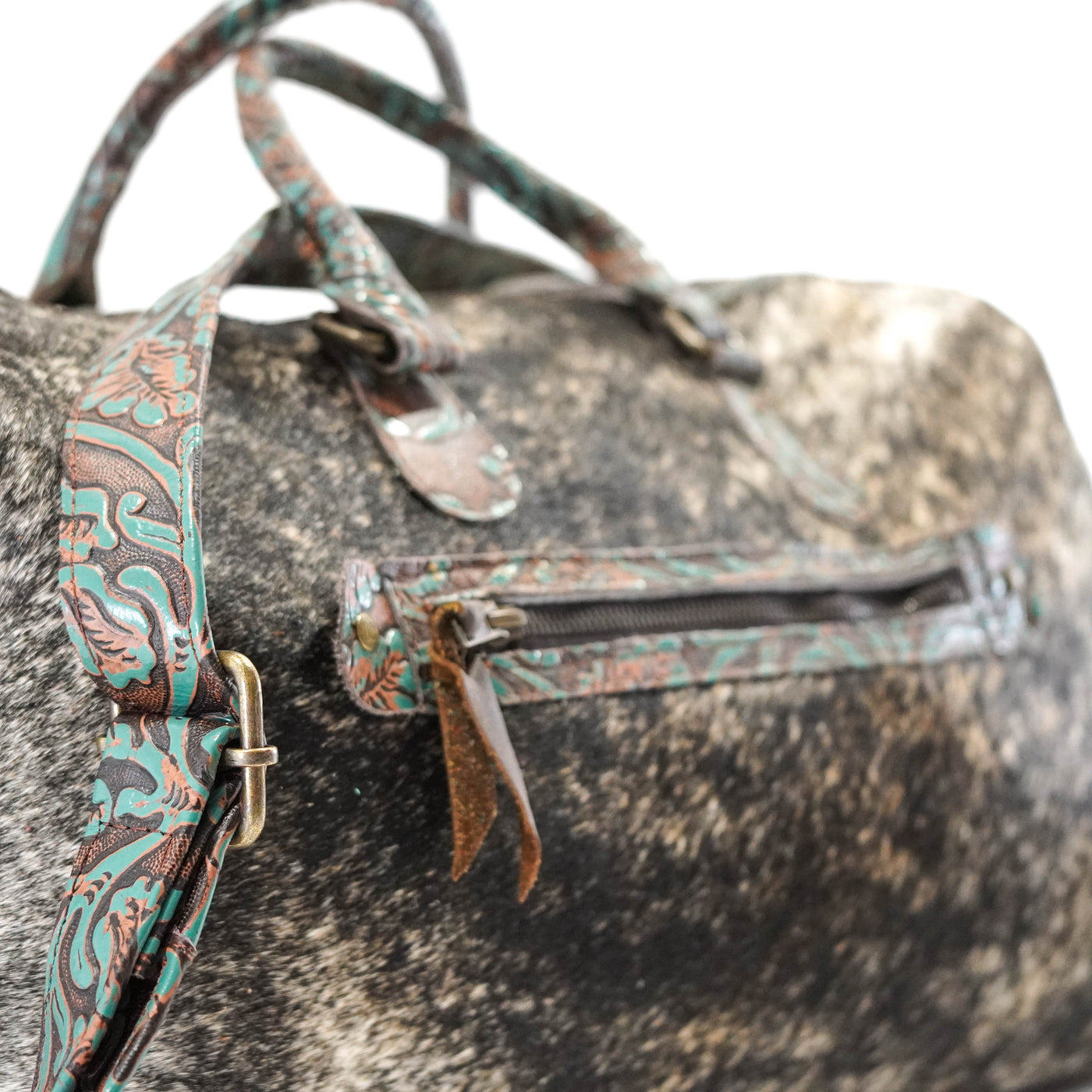 Duffel - Exotic Brindle w/ Evergreen Tool-Duffel-Western-Cowhide-Bags-Handmade-Products-Gifts-Dancing Cactus Designs