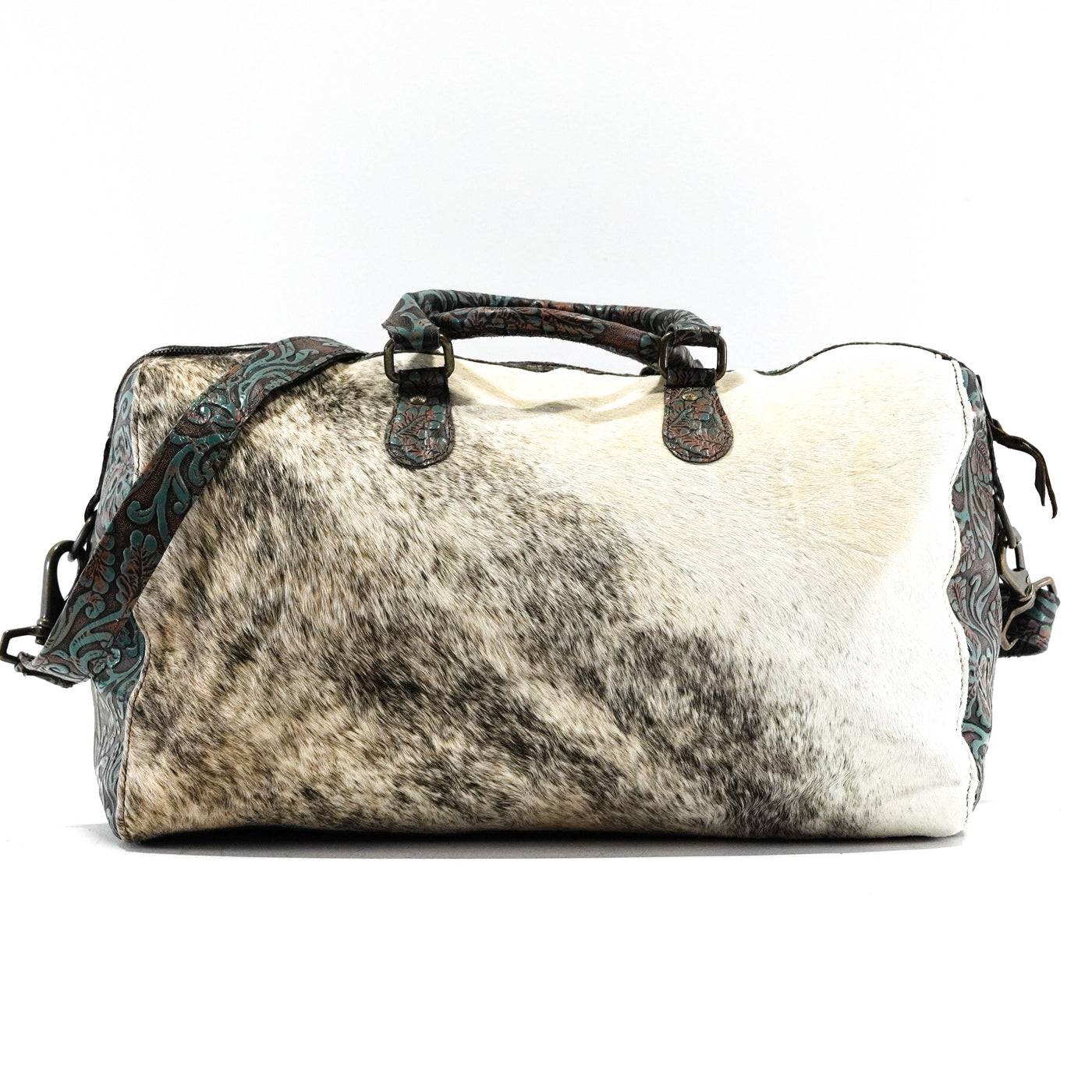 Duffel - Exotic Brindle w/ Evergreen Tool-Duffel-Western-Cowhide-Bags-Handmade-Products-Gifts-Dancing Cactus Designs