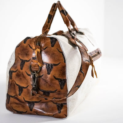 Duffel - Light Brindle w/ Sepia Skulls-Duffel-Western-Cowhide-Bags-Handmade-Products-Gifts-Dancing Cactus Designs