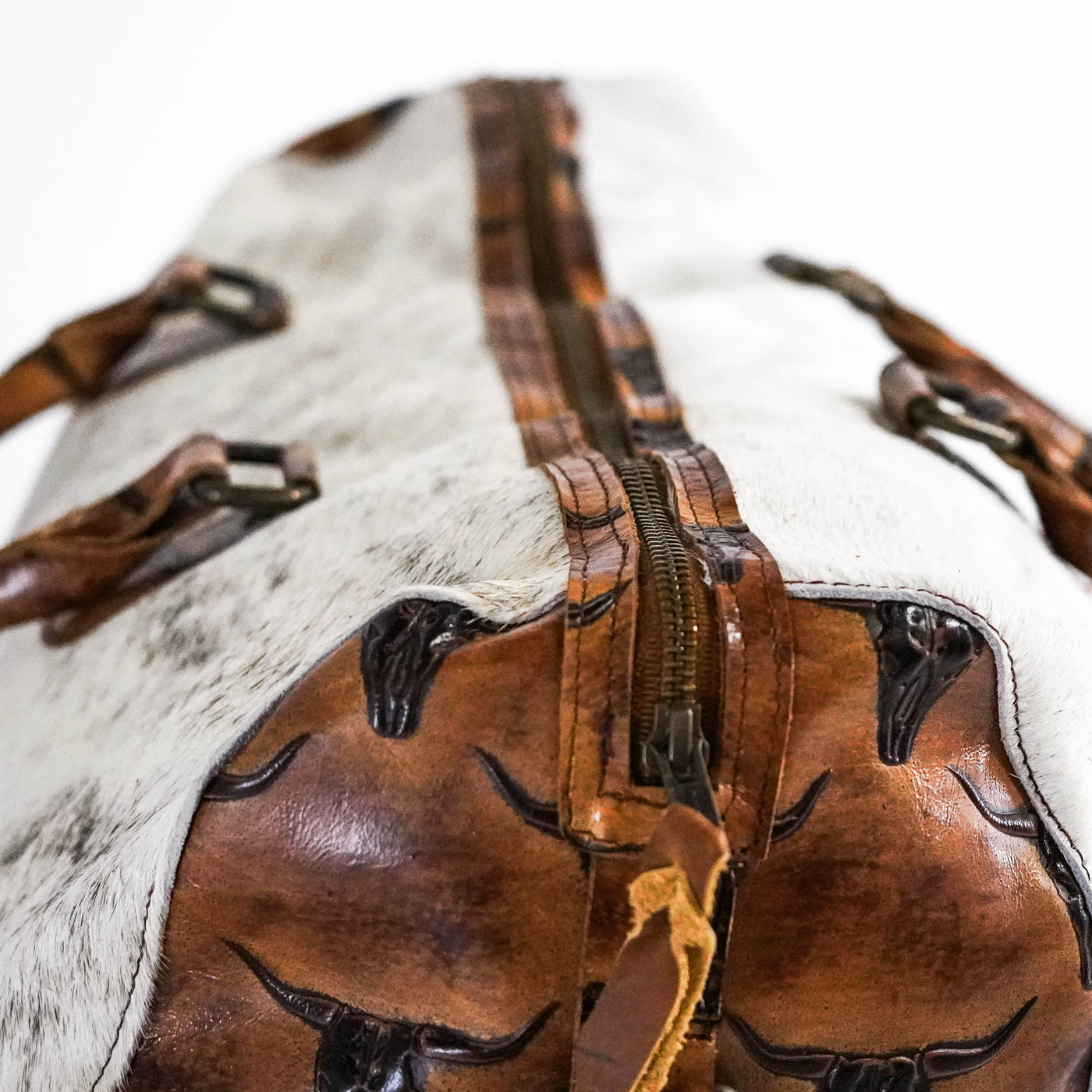 Duffel - Light Brindle w/ Sepia Skulls-Duffel-Western-Cowhide-Bags-Handmade-Products-Gifts-Dancing Cactus Designs