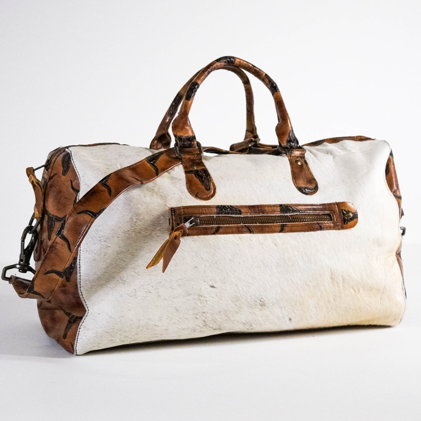 Duffel - Light Brindle w/ Sepia Skulls-Duffel-Western-Cowhide-Bags-Handmade-Products-Gifts-Dancing Cactus Designs