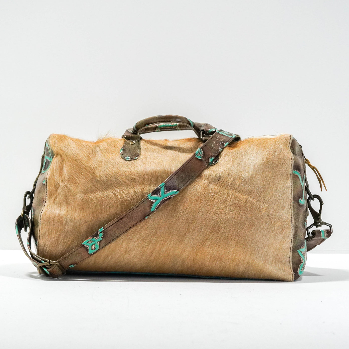 Duffel - Palomino w/ Turquoise Brands-Duffel-Western-Cowhide-Bags-Handmade-Products-Gifts-Dancing Cactus Designs