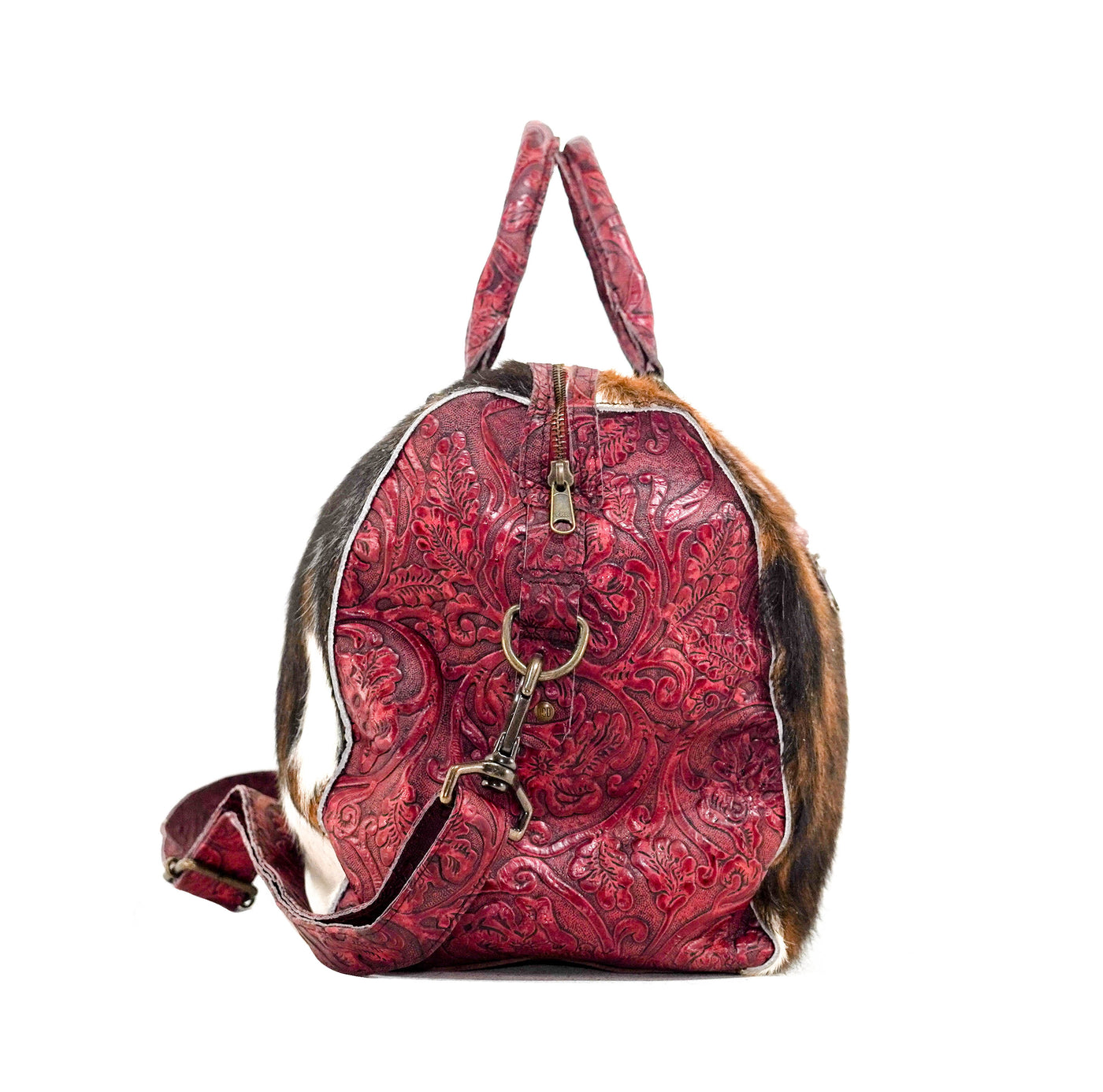 Duffel - Tricolor w/ Red Tool-Duffel-Western-Cowhide-Bags-Handmade-Products-Gifts-Dancing Cactus Designs
