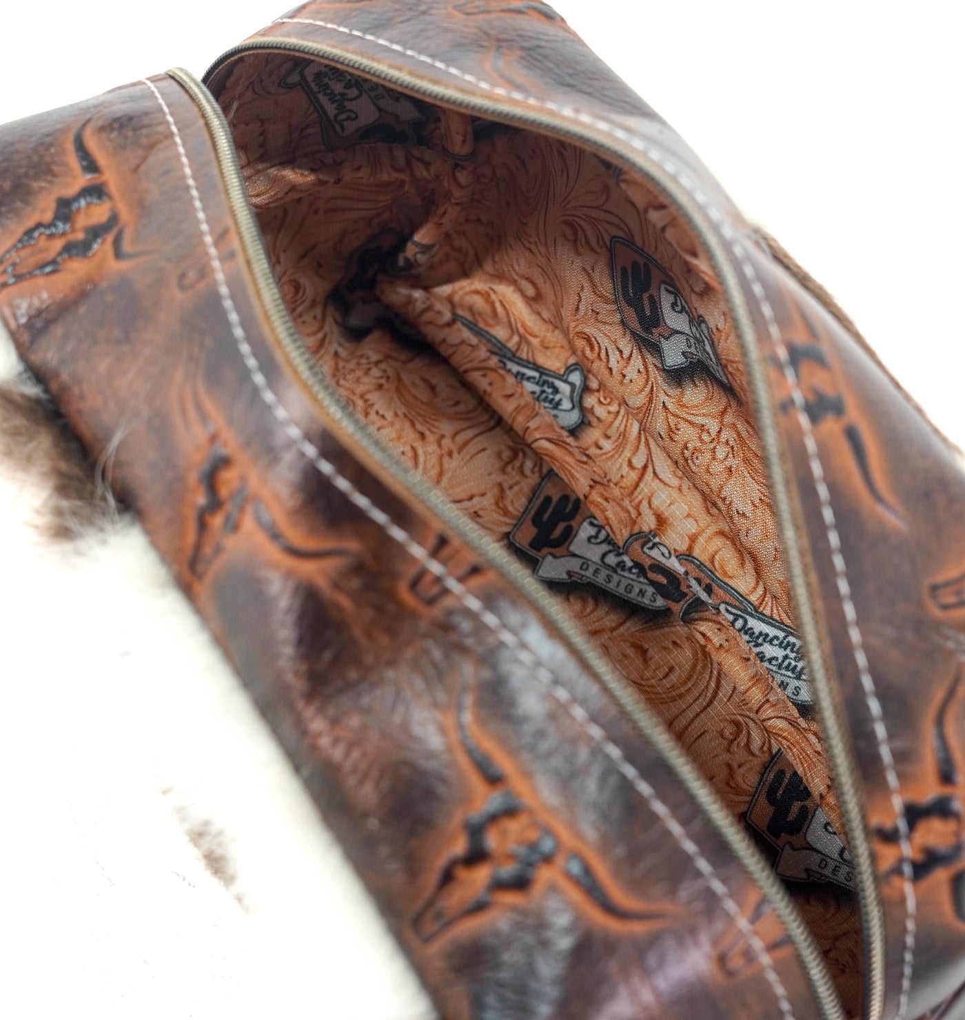 Dutton - Chocolate & White w/ Burnt Skulls-Dutton-Western-Cowhide-Bags-Handmade-Products-Gifts-Dancing Cactus Designs