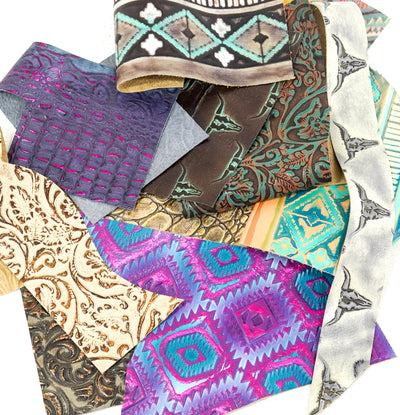 Embossed Leather Scraps - 1 lb. Box-Western-Cowhide-Bags-Handmade-Products-Gifts-Dancing Cactus Designs