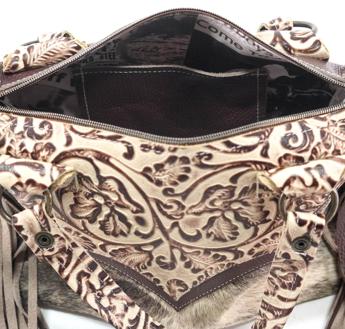 Fancy Annie - Brindle w/ Ivory tool-Fancy Annie-Western-Cowhide-Bags-Handmade-Products-Gifts-Dancing Cactus Designs