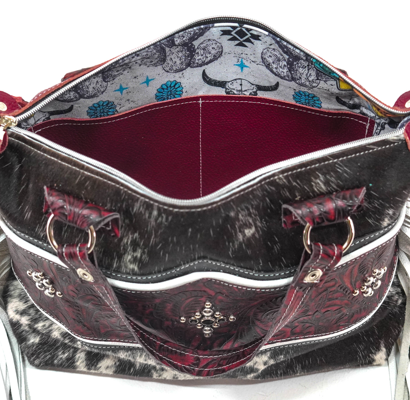 Fancy Oakley - Black & White w/ Burgundy Dallas Tool-Fancy Oakley-Western-Cowhide-Bags-Handmade-Products-Gifts-Dancing Cactus Designs