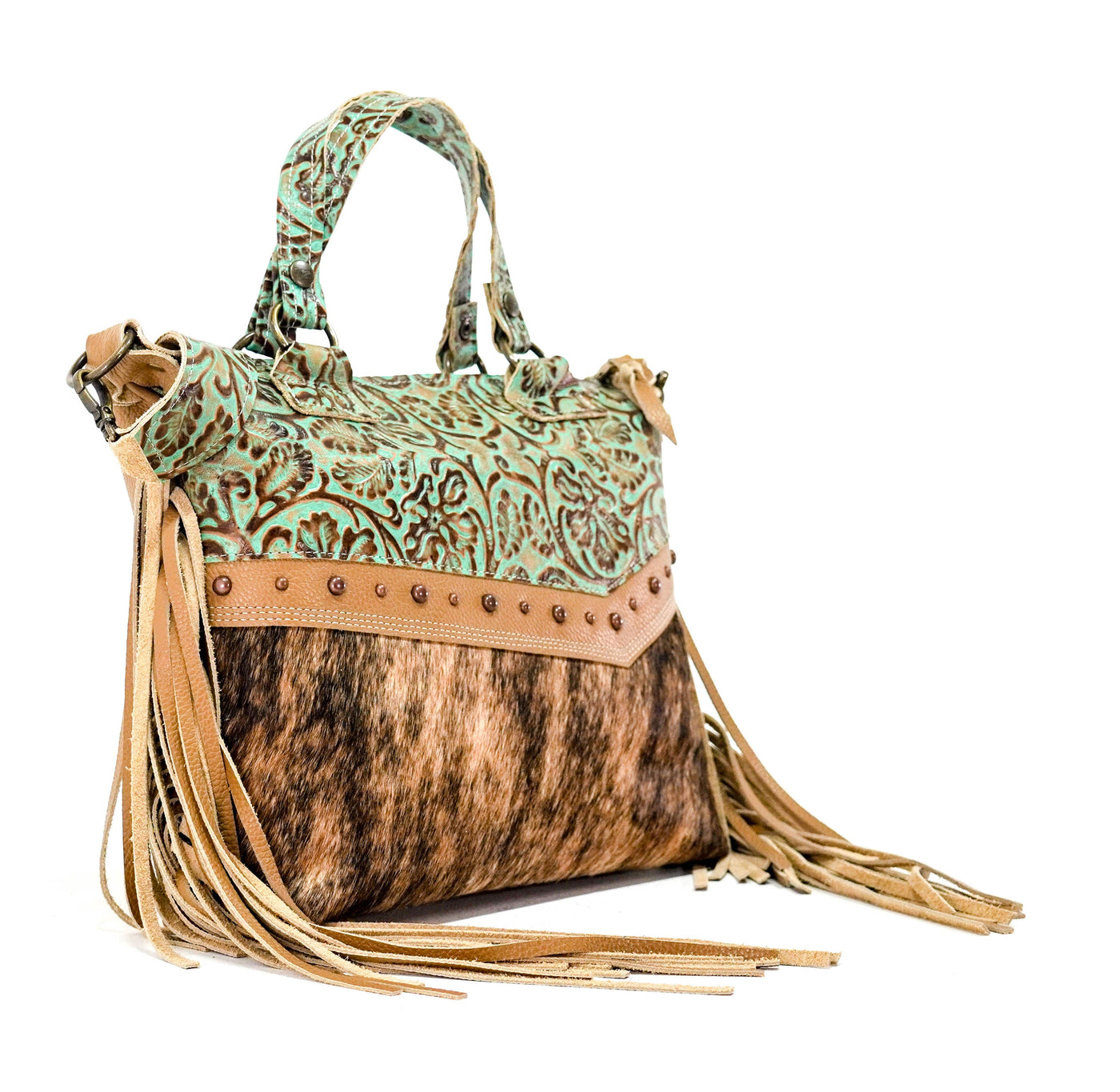 Fancy Oakley - Brindle w/ Turquoise tool-Fancy Oakley-Western-Cowhide-Bags-Handmade-Products-Gifts-Dancing Cactus Designs