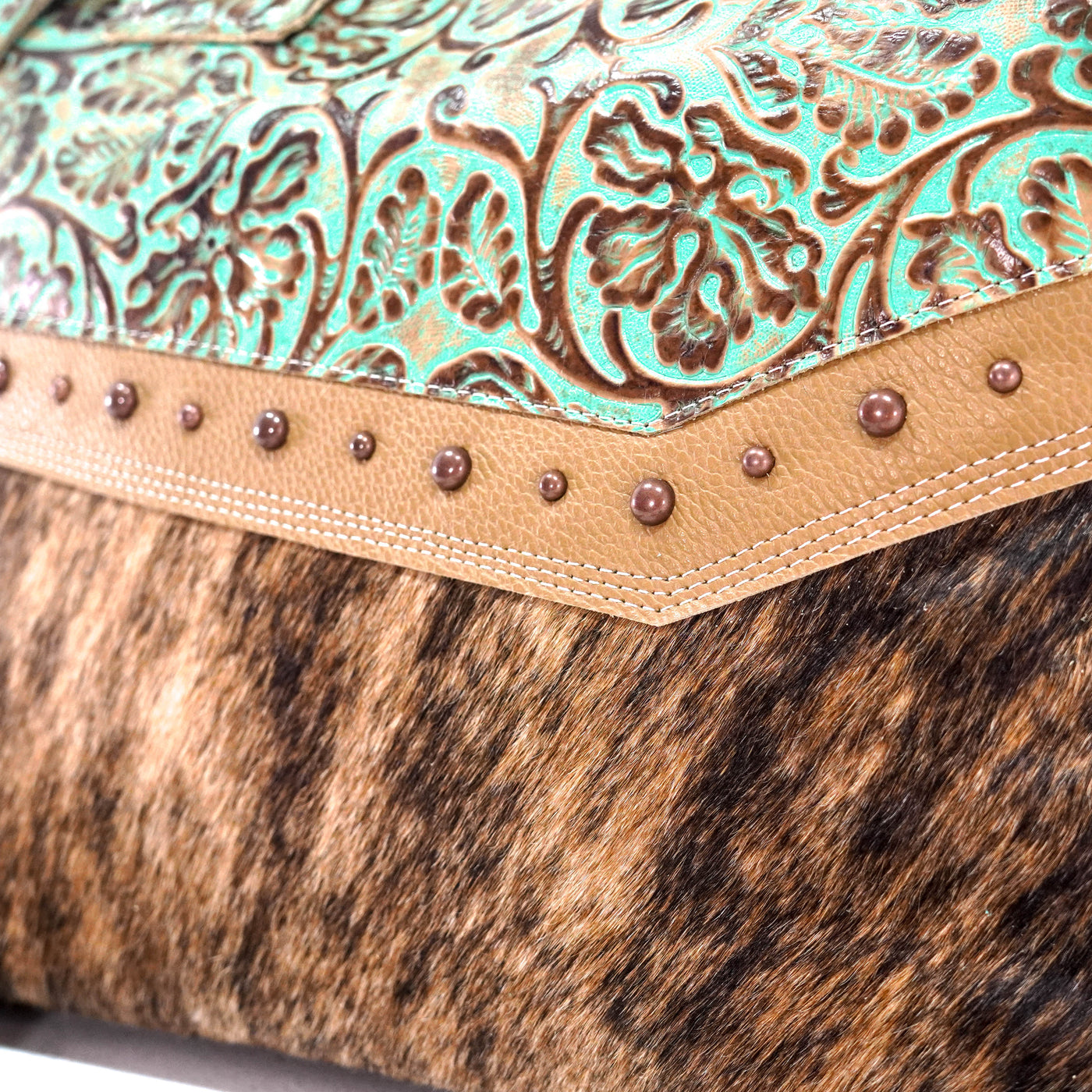 Fancy Oakley - Brindle w/ Turquoise tool-Fancy Oakley-Western-Cowhide-Bags-Handmade-Products-Gifts-Dancing Cactus Designs