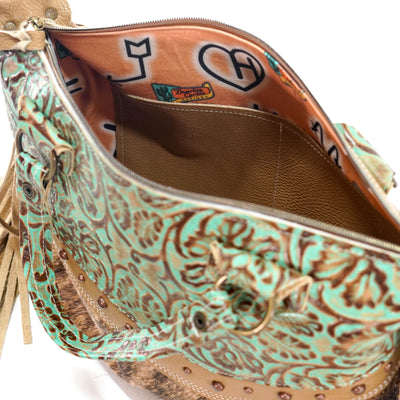 Fancy Oakley - Brindle w/ Turquoise tool-Fancy Oakley-Western-Cowhide-Bags-Handmade-Products-Gifts-Dancing Cactus Designs