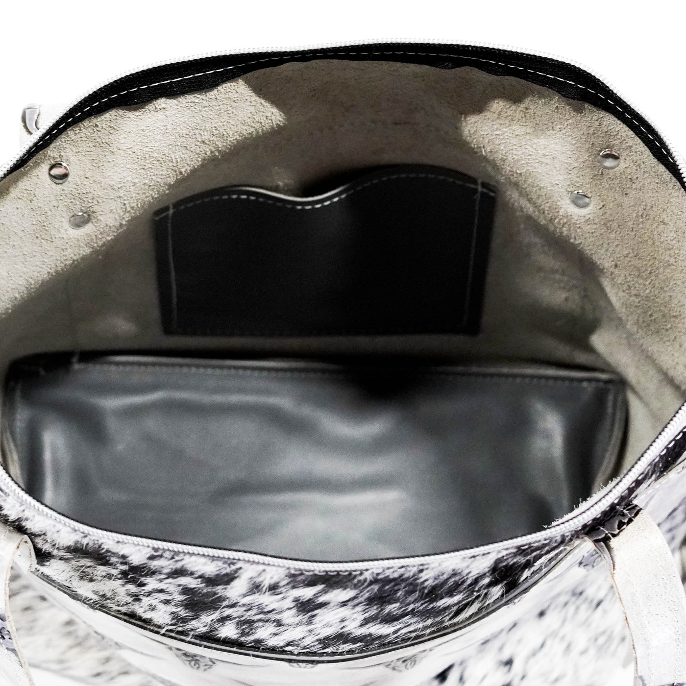 June - Black & White w/ Smoke Show Skulls-June-Western-Cowhide-Bags-Handmade-Products-Gifts-Dancing Cactus Designs
