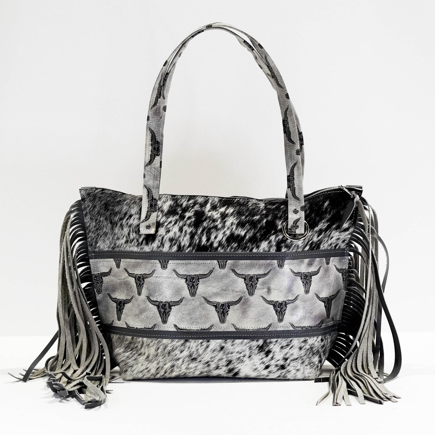 June - Black & White w/ Smoke Show Skulls-June-Western-Cowhide-Bags-Handmade-Products-Gifts-Dancing Cactus Designs