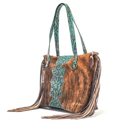 June - Brindle w/ Lagoon tool-June-Western-Cowhide-Bags-Handmade-Products-Gifts-Dancing Cactus Designs