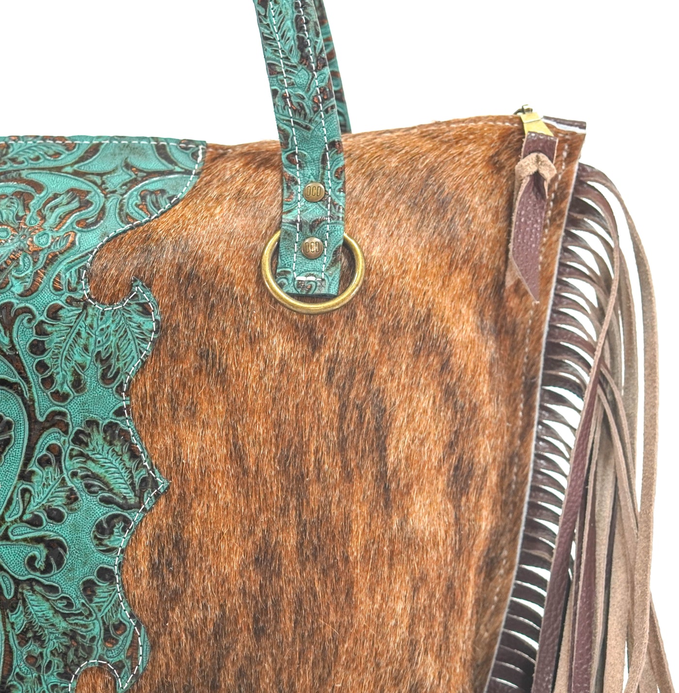 June - Brindle w/ Lagoon tool-June-Western-Cowhide-Bags-Handmade-Products-Gifts-Dancing Cactus Designs