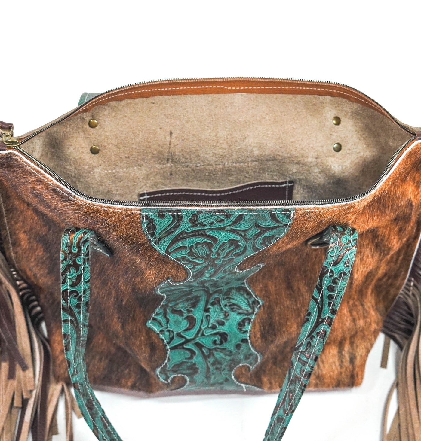 June - Brindle w/ Lagoon tool-June-Western-Cowhide-Bags-Handmade-Products-Gifts-Dancing Cactus Designs