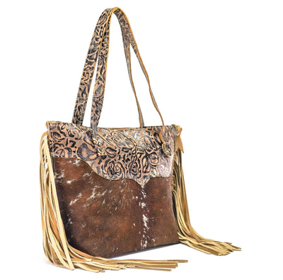 June - Chocolate & White w/ Deadwood Roses-June-Western-Cowhide-Bags-Handmade-Products-Gifts-Dancing Cactus Designs