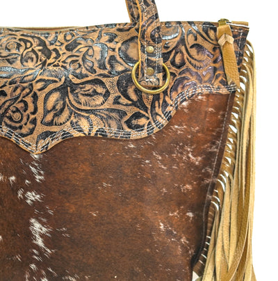 June - Chocolate & White w/ Deadwood Roses-June-Western-Cowhide-Bags-Handmade-Products-Gifts-Dancing Cactus Designs
