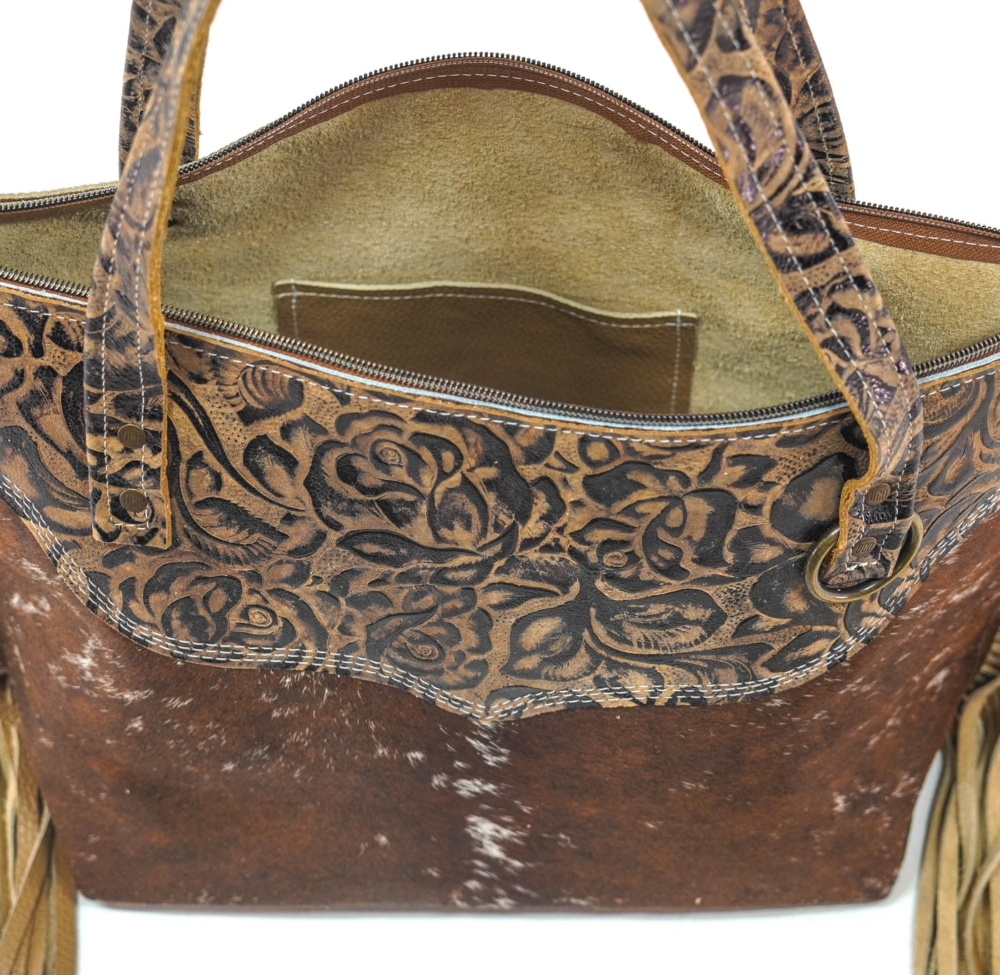 June - Chocolate & White w/ Deadwood Roses-June-Western-Cowhide-Bags-Handmade-Products-Gifts-Dancing Cactus Designs