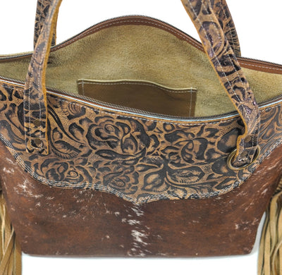 June - Chocolate & White w/ Deadwood Roses-June-Western-Cowhide-Bags-Handmade-Products-Gifts-Dancing Cactus Designs