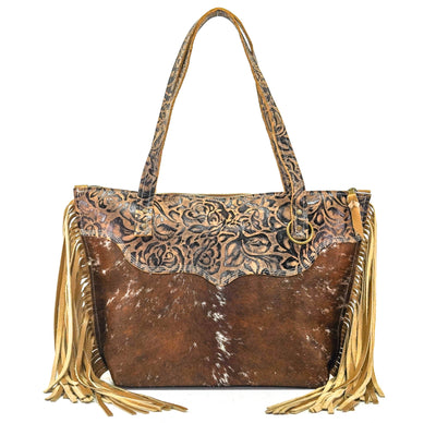 June - Chocolate & White w/ Deadwood Roses-June-Western-Cowhide-Bags-Handmade-Products-Gifts-Dancing Cactus Designs