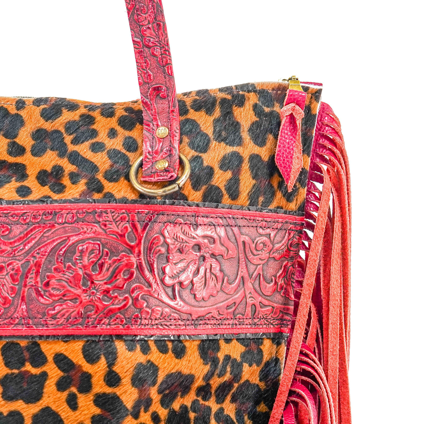June - Leopard w/ Red Tool-June-Western-Cowhide-Bags-Handmade-Products-Gifts-Dancing Cactus Designs