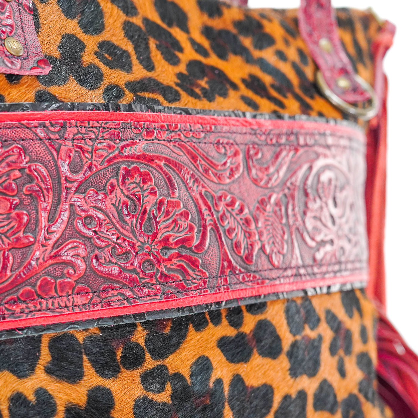June - Leopard w/ Red Tool-June-Western-Cowhide-Bags-Handmade-Products-Gifts-Dancing Cactus Designs