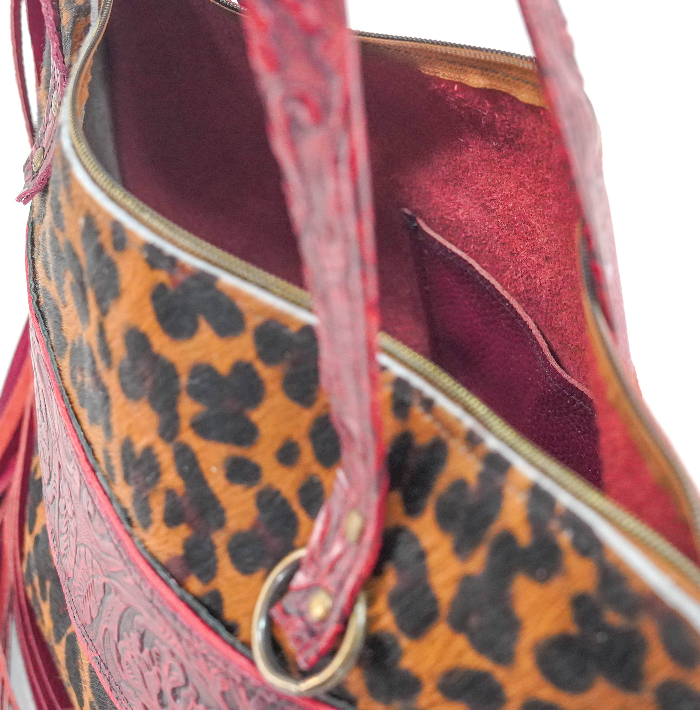 June - Leopard w/ Red Tool-June-Western-Cowhide-Bags-Handmade-Products-Gifts-Dancing Cactus Designs