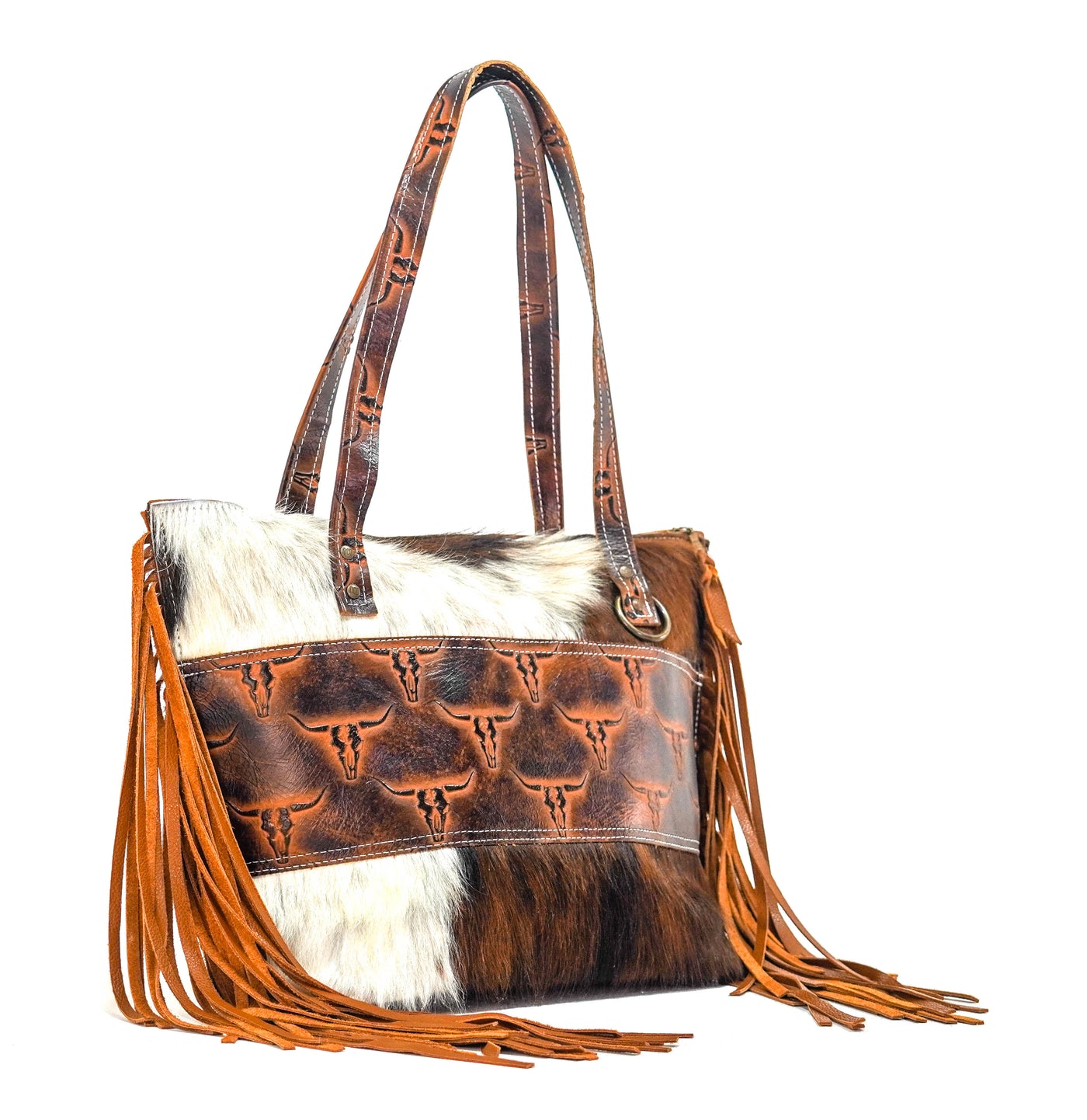 June - Tricolor w/ Burnt Skulls-June-Western-Cowhide-Bags-Handmade-Products-Gifts-Dancing Cactus Designs