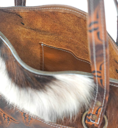 June - Tricolor w/ Burnt Skulls-June-Western-Cowhide-Bags-Handmade-Products-Gifts-Dancing Cactus Designs