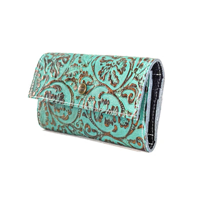 Kacey Wallet - All Embossed w/ Lagoon tool-Kacey Wallet-Western-Cowhide-Bags-Handmade-Products-Gifts-Dancing Cactus Designs