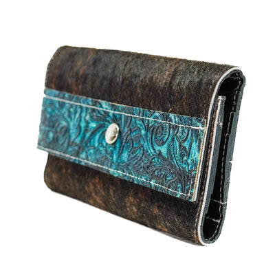 Kacey Wallet - Dark Brindle w/ Turquoise Wildflower Tool-Kacey Wallet-Western-Cowhide-Bags-Handmade-Products-Gifts-Dancing Cactus Designs