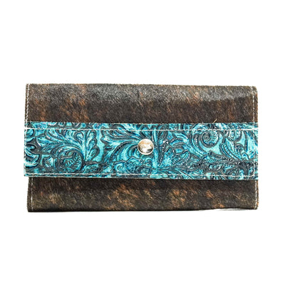 Kacey Wallet - Dark Brindle w/ Turquoise Wildflower Tool-Kacey Wallet-Western-Cowhide-Bags-Handmade-Products-Gifts-Dancing Cactus Designs