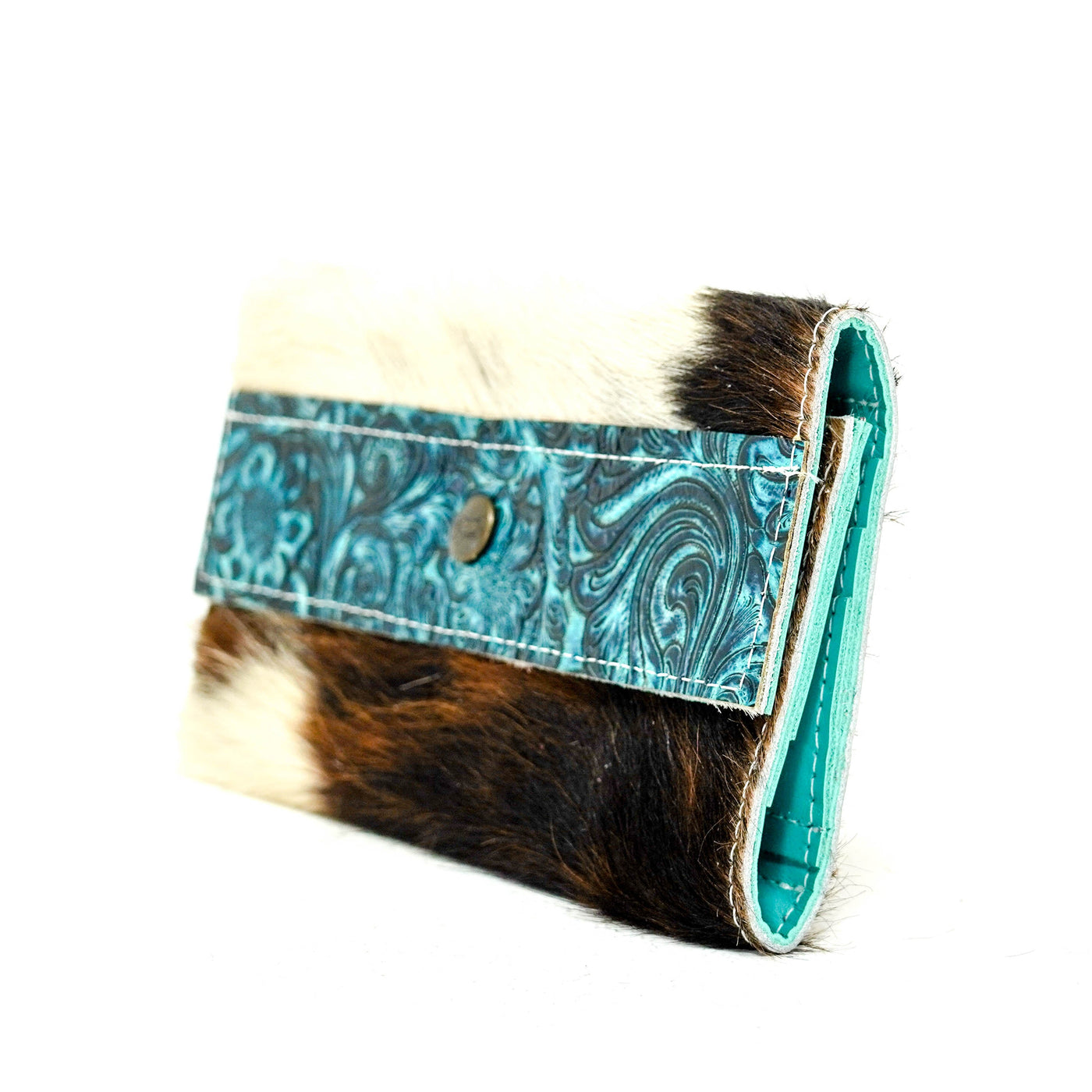 Kacey Wallet - Tricolor w/ Turquoise Wildflower Tool-Kacey Wallet-Western-Cowhide-Bags-Handmade-Products-Gifts-Dancing Cactus Designs