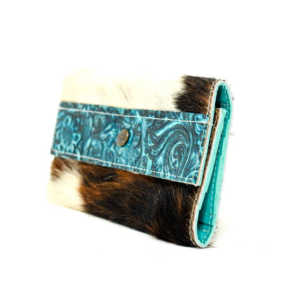 Kacey Wallet - Tricolor w/ Turquoise Wildflower Tool-Kacey Wallet-Western-Cowhide-Bags-Handmade-Products-Gifts-Dancing Cactus Designs