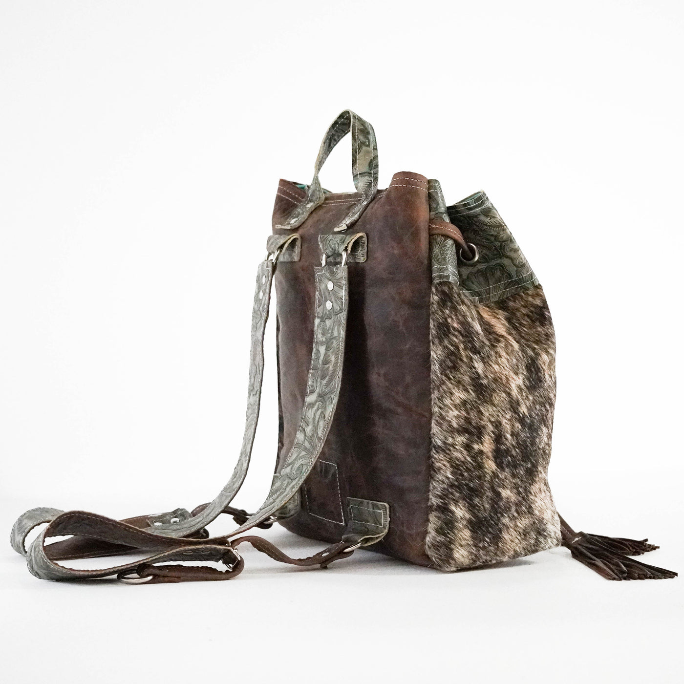 Kelsea Backpack - Brindle w/ Turquoise Autumn-Kelsea Backpack-Western-Cowhide-Bags-Handmade-Products-Gifts-Dancing Cactus Designs