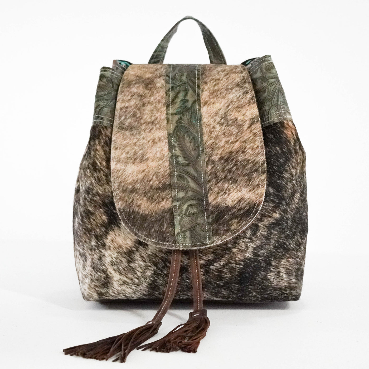 Kelsea Backpack - Brindle w/ Turquoise Autumn-Kelsea Backpack-Western-Cowhide-Bags-Handmade-Products-Gifts-Dancing Cactus Designs