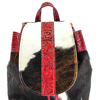 Kelsea Backpack - Tricolor w/ Red Tool-Kelsea Backpack-Western-Cowhide-Bags-Handmade-Products-Gifts-Dancing Cactus Designs