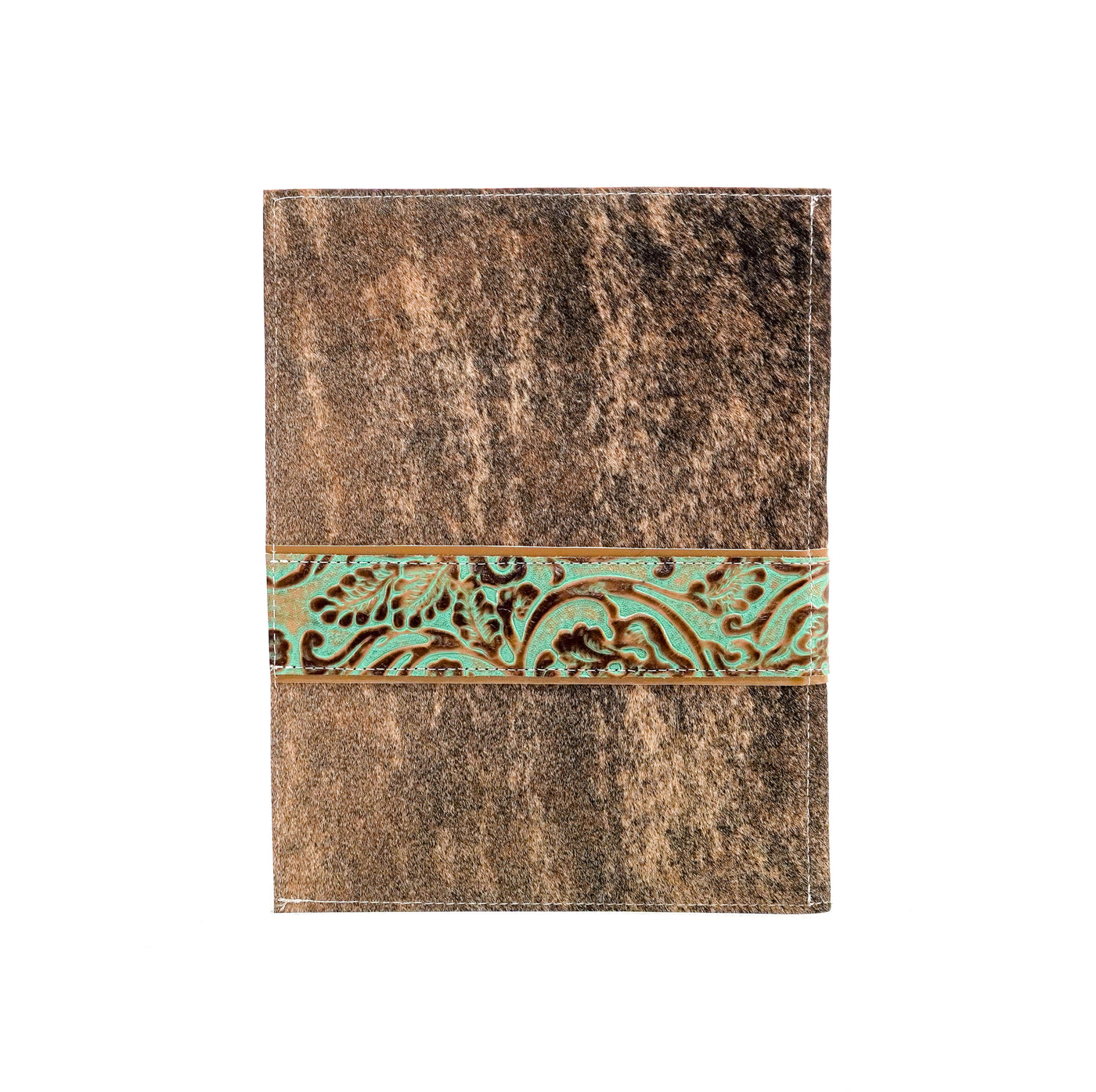 Large Notepad Cover - Brindle w/ Turquoise tool-Large Notepad Cover-Western-Cowhide-Bags-Handmade-Products-Gifts-Dancing Cactus Designs