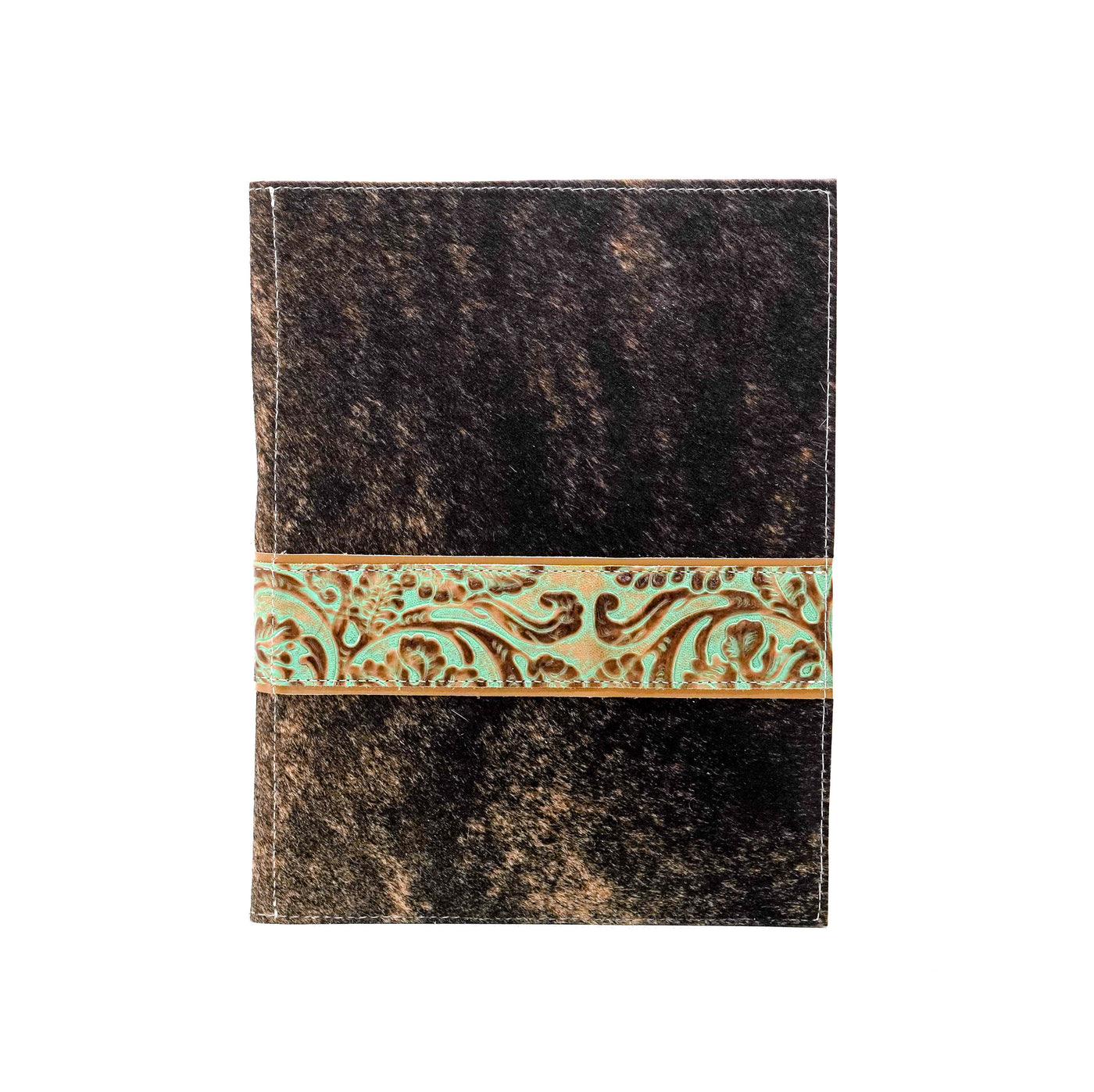 Large Notepad Cover - Brindle w/ Turquoise tool-Large Notepad Cover-Western-Cowhide-Bags-Handmade-Products-Gifts-Dancing Cactus Designs
