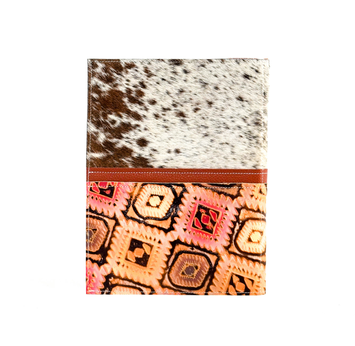 Large Notepad Cover - Chocolate & White w/ Moab Aztec-Large Notepad Cover-Western-Cowhide-Bags-Handmade-Products-Gifts-Dancing Cactus Designs