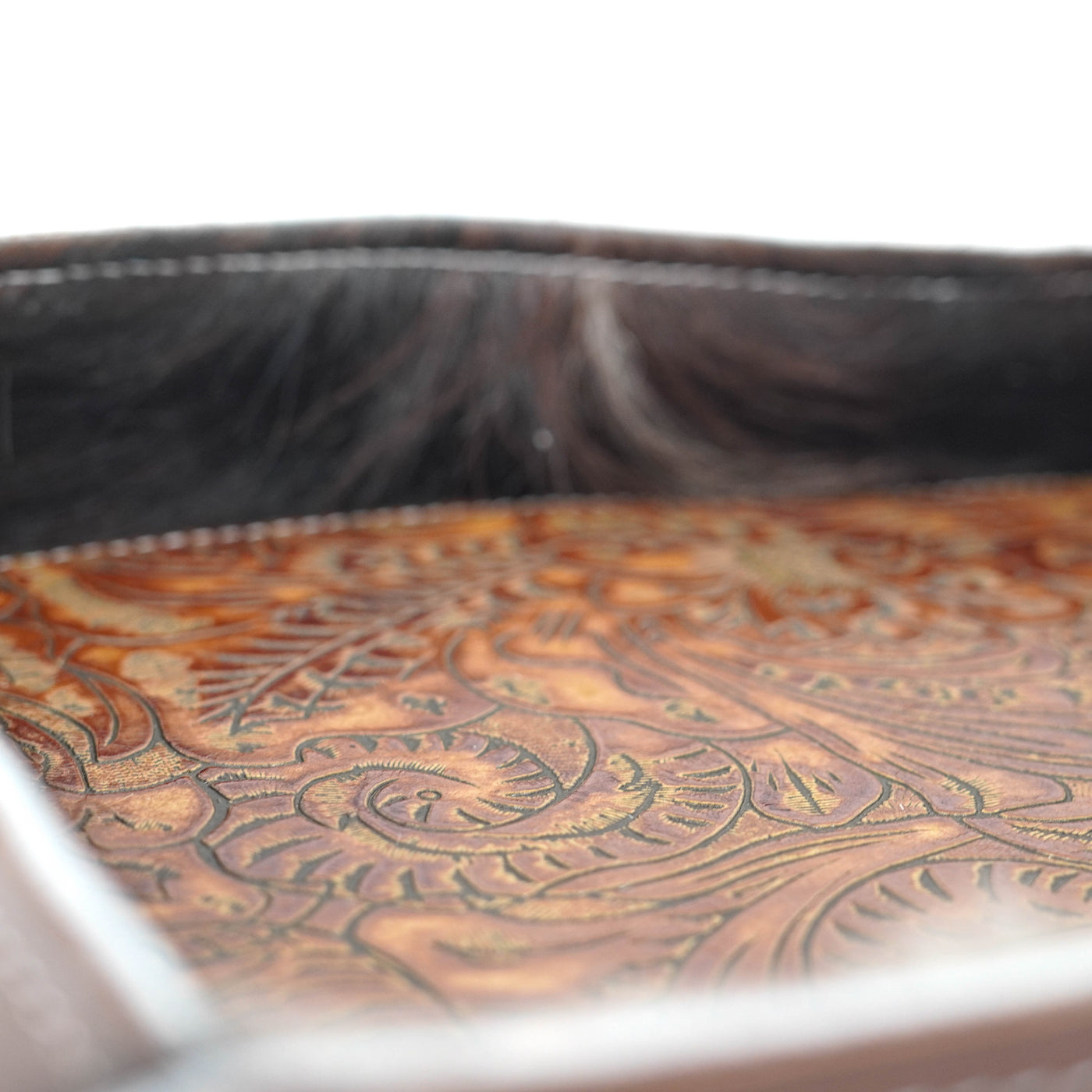 Large Tray - Glossed Chocolate Leather w/ Brandy Tool-Large Tray-Western-Cowhide-Bags-Handmade-Products-Gifts-Dancing Cactus Designs