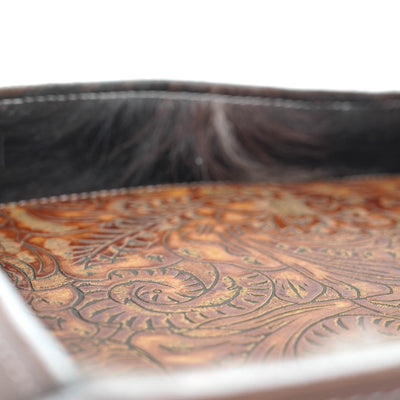 Large Tray - Glossed Chocolate Leather w/ Brandy Tool-Large Tray-Western-Cowhide-Bags-Handmade-Products-Gifts-Dancing Cactus Designs