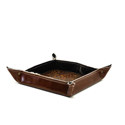 Large Tray - Glossed Chocolate Leather w/ Brandy Tool-Large Tray-Western-Cowhide-Bags-Handmade-Products-Gifts-Dancing Cactus Designs