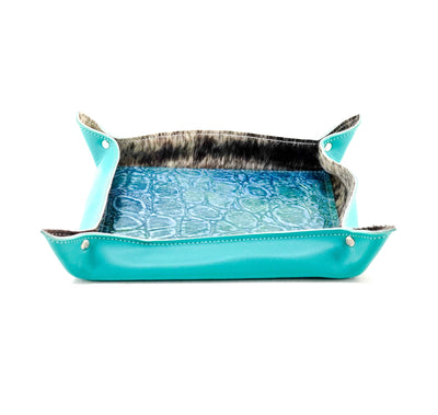 Large Tray - Smooth Turquoise Leather w/ Mermaid Tortoise-Large Tray-Western-Cowhide-Bags-Handmade-Products-Gifts-Dancing Cactus Designs