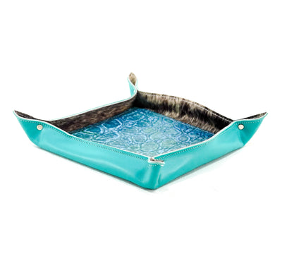 Large Tray - Smooth Turquoise Leather w/ Mermaid Tortoise-Large Tray-Western-Cowhide-Bags-Handmade-Products-Gifts-Dancing Cactus Designs
